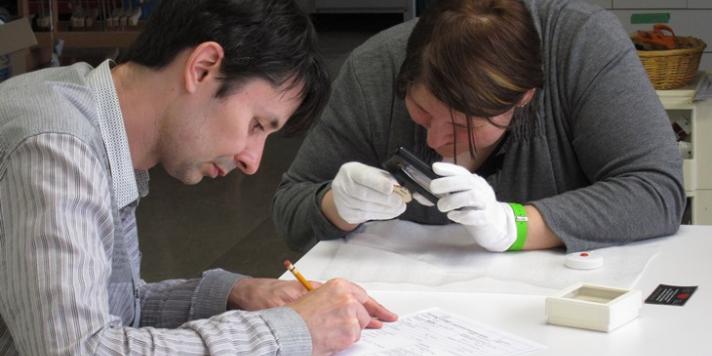 Two participants at the Artifacts course examine and condition report a small object